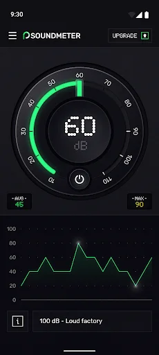 Sound meter showing 60 dB with circular gauge, green indicator dial, and graph tracking quiet sound level fluctuations