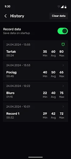 Sound recording history listing timestamped entries with minimum, average, and maximum decibel measurements for each session
