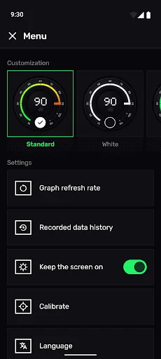 App menu with customizable gauge themes, settings for graph refresh rate, data history, screen lock, calibration, and language options