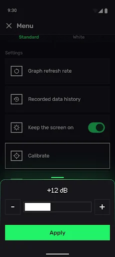 Microphone calibration adjustment screen with +12 dB offset input field, increment buttons, and green Apply button to save changes