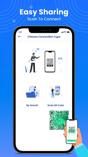 Phone Clone app connection type selection: Choose between By Search or Scan QR Code to connect two devices for data transfer
