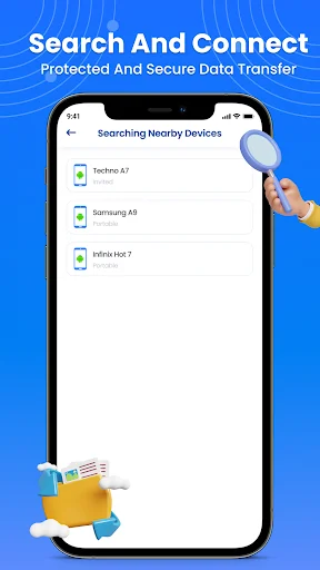Phone Clone app nearby devices list: Search results showing Techno A7, Samsung A8, and INFINIX Hot 7 devices available for secure connection