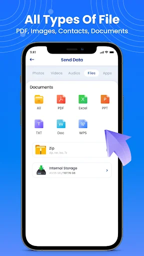 Phone Clone app file transfer selection: Send Data interface displaying transferable file types including photos, videos, PDFs, documents, and apps