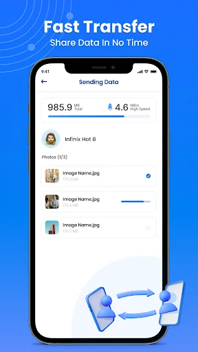 Phone Clone app data transfer progress: Real-time sending data status showing 985.9 MB sent and 4.6 MB/s transfer speed from Infinix Hot 8