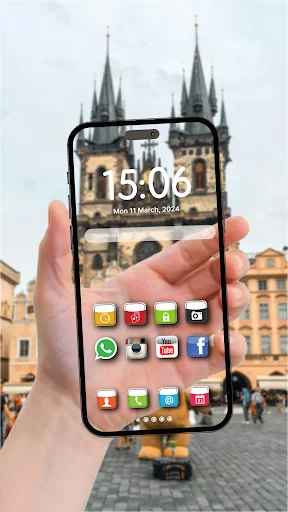 Smartphone displaying transparent wallpaper showing live camera feed of castle architecture. Home screen with app icons and time 15:06 overlaid on see-through background.