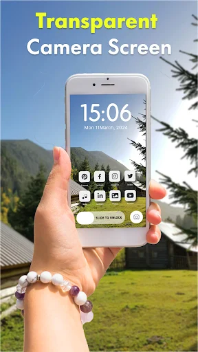 iPhone with transparent camera screen wallpaper showing mountain landscape background. Time and app icons visible through live camera feed personalization feature.