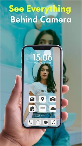 Phone demonstrating transparent wallpaper letting you see through camera feed. Woman's face visible in background with app icons and clock on see-through display.
