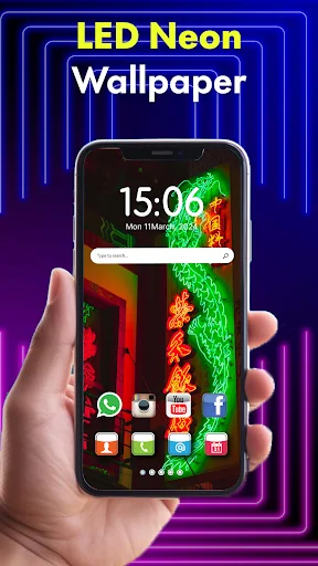 LED neon wallpaper with colorful neon signs visible through transparent screen. Phone displaying live camera feed with neon effect overlay and home screen app icons.