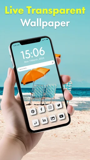 Live transparent wallpaper showing beach scene with orange umbrella and ocean. Smartphone displaying real-time camera background with app icons and clock overlay.