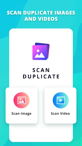 Duplicate Photo Find & Remove app home screen with purple icon and options to Scan Image or Scan Video for duplicate detection