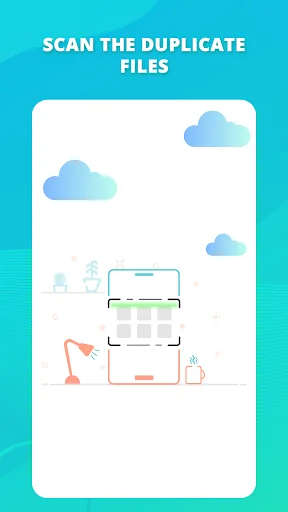 Scanning interface showing mobile phone with scanning effect and cloud icons, illustrating the duplicate photo analysis process