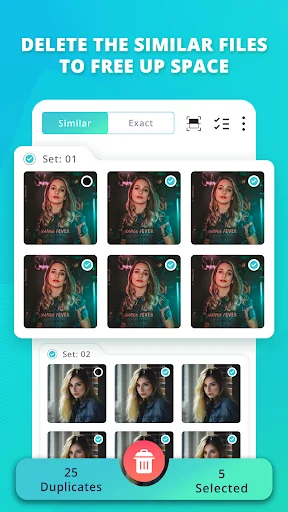 Duplicate photos review screen displaying similar image sets with checkmark selection options and delete button to free up space