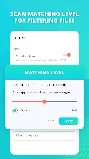 Settings screen with matching level slider to adjust duplicate scan sensitivity and enable schedule scan for automatic detection