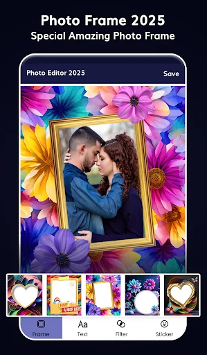 Photo Frame 2025 app showing couple photo in gold frame with colorful floral background and frame options