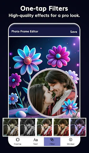 One-tap filter feature showing romantic photo with decorative flower frames and filter effect options