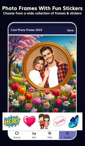 Photo frame app with couple in circular gold frame surrounded by vibrant spring flowers and sticker options