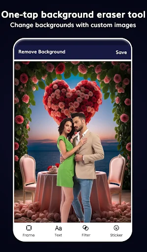 Background eraser tool displaying couple photo with romantic rose heart arch and custom scenery backdrop