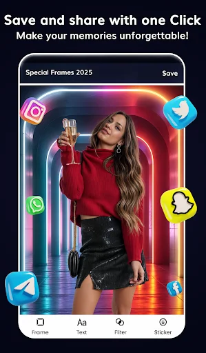 Photo sharing interface with neon light frame effect and social media platform icons for easy sharing