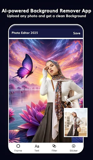 AI background remover showing woman in dramatic sunset sky with butterfly and lotus flower elements