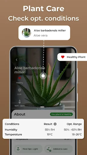 Plant care optimizer displaying optimal humidity and temperature conditions for Aloe vera houseplant with health status indicator