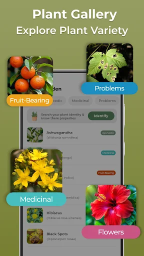 Plant Gallery browsing feature showing plant species organized by categories including medicinal and flowers