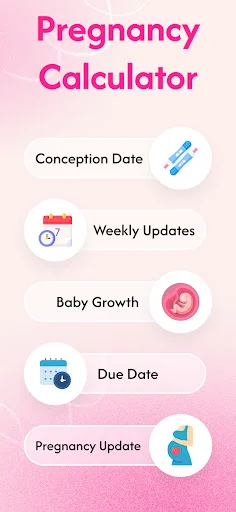 Pregnancy Calculator app main menu with conception date, weekly updates, baby growth, due date, and pregnancy update options