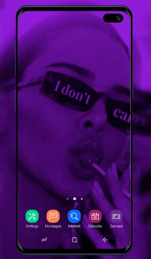 Purple grunge wallpaper with artistic portrait and 'I don't care' text for phone customization
