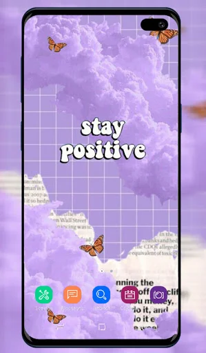 Stay positive purple aesthetic wallpaper with butterflies, clouds and grid pattern for phone customization