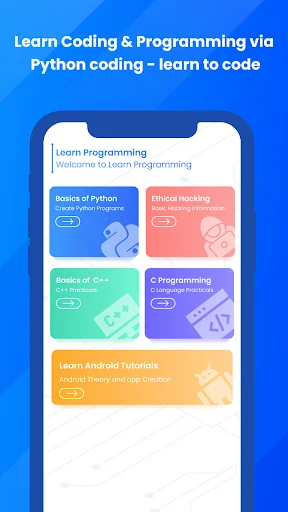 Learn Coding home screen displaying Python, Ethical Hacking, C++, and Android course categories for programming education