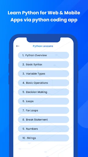 Python Lessons course curriculum listing 10 lessons from Overview through Strings for learning Python coding fundamentals