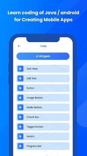 Android development Tools screen showing UI Widget components for Java coding, including buttons, text fields, and more