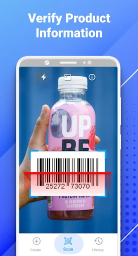 Product verification screen showing barcode scanning of a beverage bottle with Create, Scan, and History navigation buttons