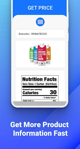 Product information lookup screen displaying scanned barcode number with product image and nutrition facts