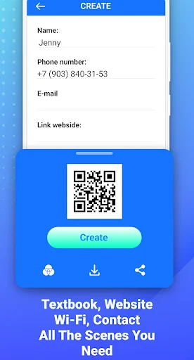 QR code generator interface with form fields for name, phone, email, website, and generated QR code preview