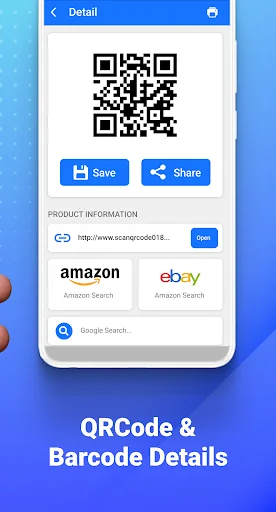 QR code and barcode details screen with save and share buttons plus Amazon, eBay, and Google Search integration