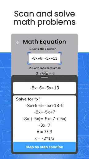 Math equation solver interface showing step-by-step solution for linear equation -8x+6=-5x+13 with solving steps