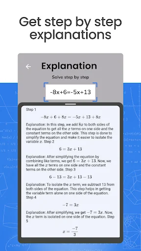 Step-by-step explanation screen displaying detailed solution breakdown for math equation with multiple explanation steps
