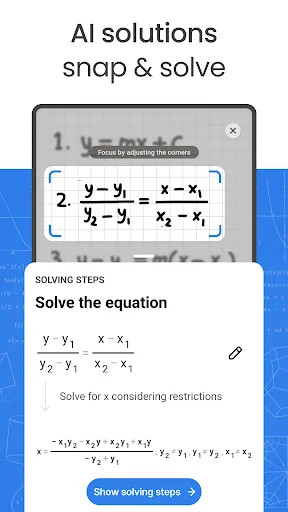 AI camera scanning interface with equation recognition showing mathematical equation and solve steps button