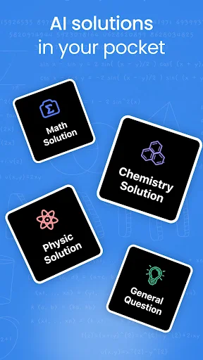App features overview showing Math Solution, Chemistry Solution, Physics Solution, and General Question capabilities