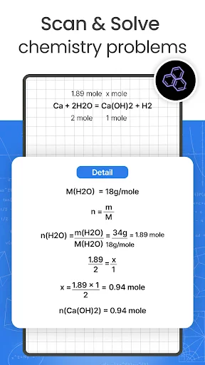 Chemistry equation solver for Ca+2H2O=Ca(OH)2+H2 displaying mole calculations and molecular weight breakdown