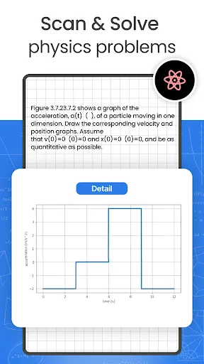 Physics problem solver showing acceleration graph visualization with detailed step-by-step solution explanation