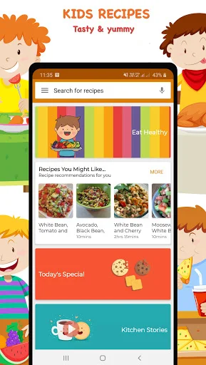Recipes for Kids app home screen showing search bar, colorful recipe categories, and featured healthy meals for children