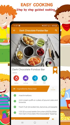 Dark Chocolate Fondue Bar recipe page with step-by-step cooking instructions and ingredient list for kids' dessert