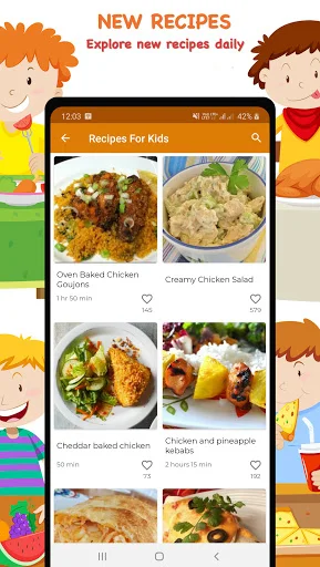 New recipes section displaying fresh kid-friendly meals including baked chicken, creamy salad, and breakfast options