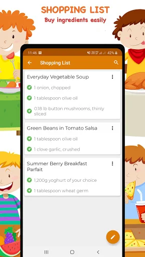 Shopping list feature showing organized ingredients for vegetable soup, green beans, and berry breakfast recipes