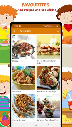 Favorites screen with saved children's recipes including sloppy joes, chicken wraps, and granola breakfast options