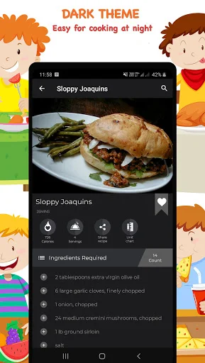 Dark theme recipe view for Sloppy Joaquins with night-friendly interface and detailed ingredient measurements