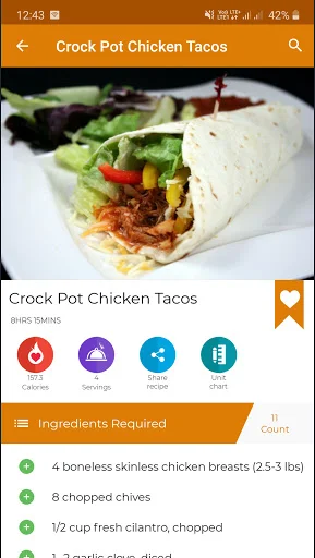 Crock Pot Chicken Tacos recipe page featuring colorful taco ingredients and slow cooker preparation instructions