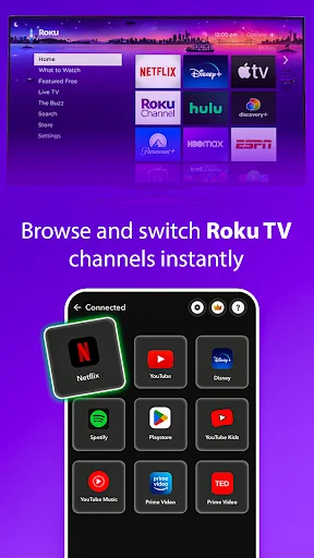 Remote app showing Netflix, Disney+, Hulu, and more streaming apps for instant browsing and switching Roku TV channels