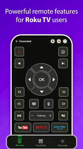 Full Roku TV remote interface with navigation, directional controls, volume, playback buttons, and app shortcuts